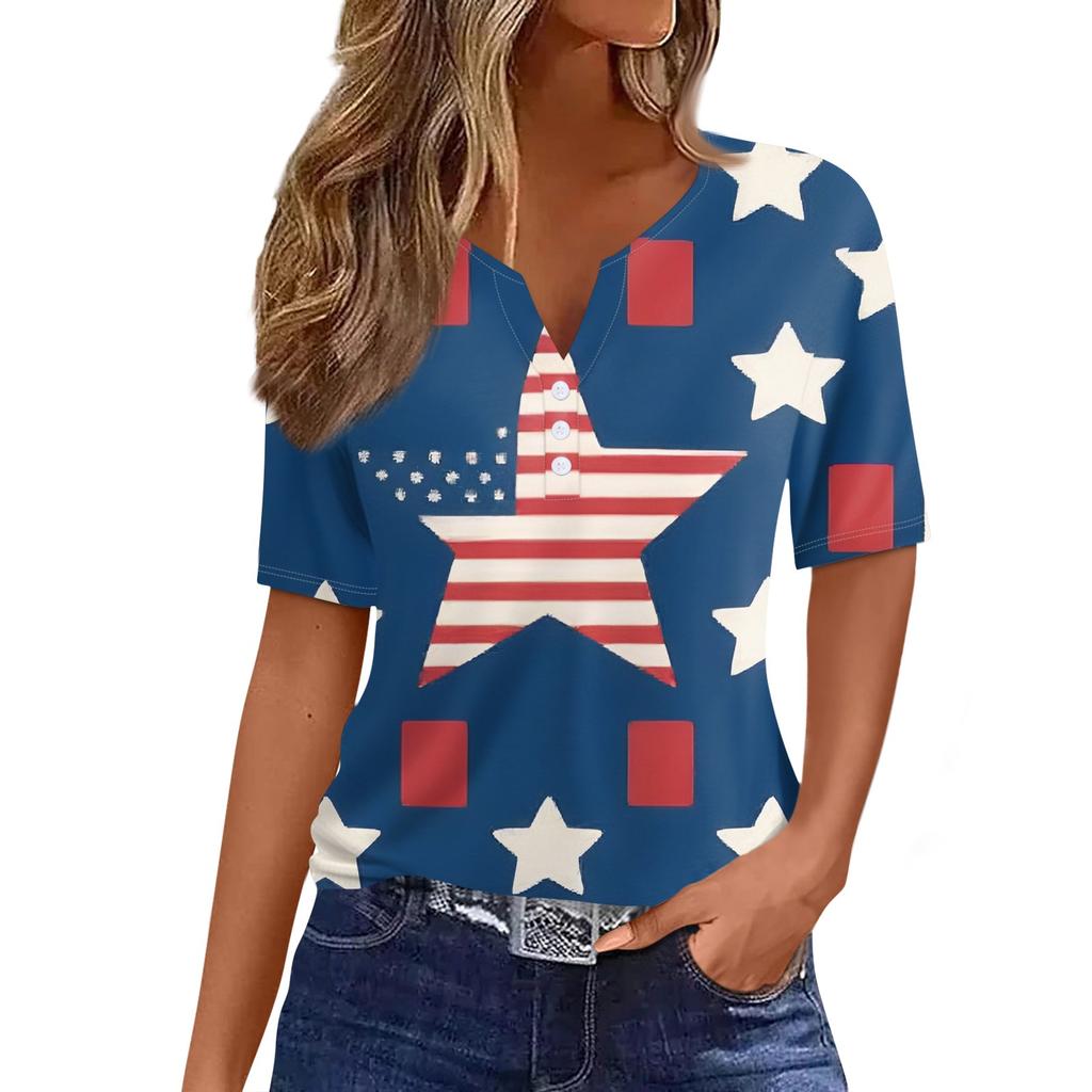 Women's T Shirt Tee Print Button Short Sleeve Daily Weekend Fashion Basic V- Neck Regular Top