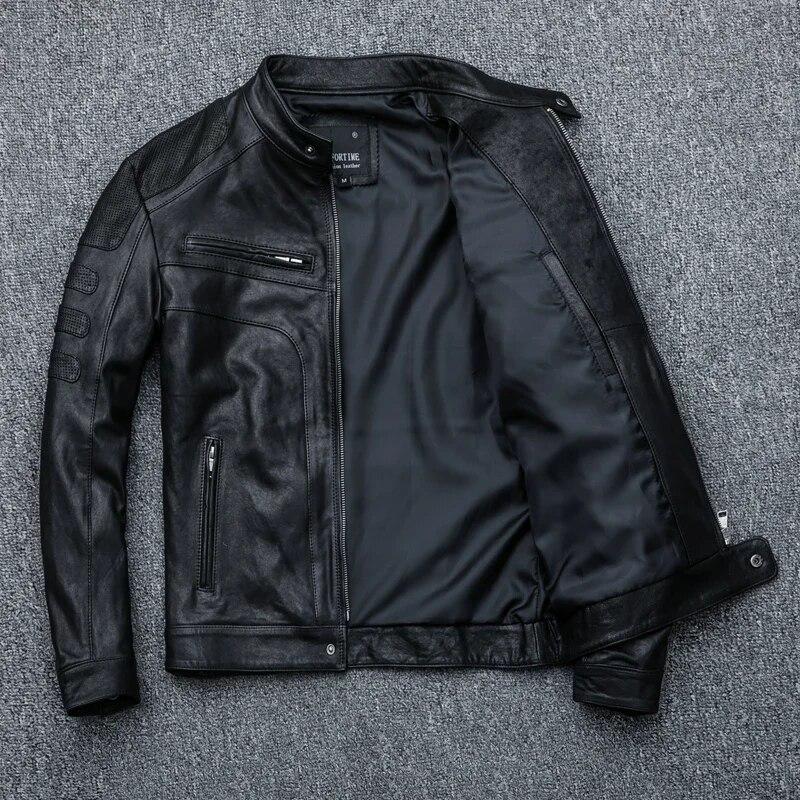 100% chaquetas de cuero genuino para hombre, chaqueta de piel de oveja auténtica para hombre, chaqueta de motocicleta para primavera y otoño, abrigo Vintage para hombre
