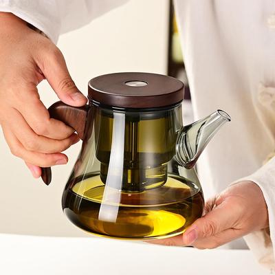 Teiera in Vetro 700ml Separatore Acqua Tè Bollitore Preparatore Foglie Sfuse Manico in Legno con Filtro