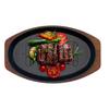 Cast Iron Oval  Shape Restaurant Barbecue Plate Steak Sizzling Hot Pan Plate with Wooden Base Teppanyaki Grilled Fish Tray