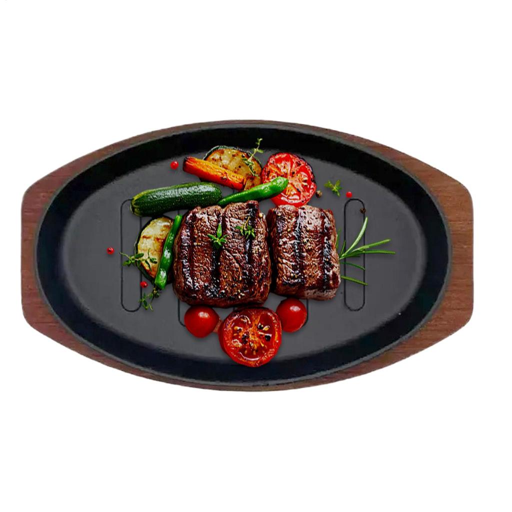 Cast Iron Oval Shape Restaurant Barbecue Plate Steak Sizzling Hot Pan Plate with Wooden Base Teppanyaki Grilled Fish Tray