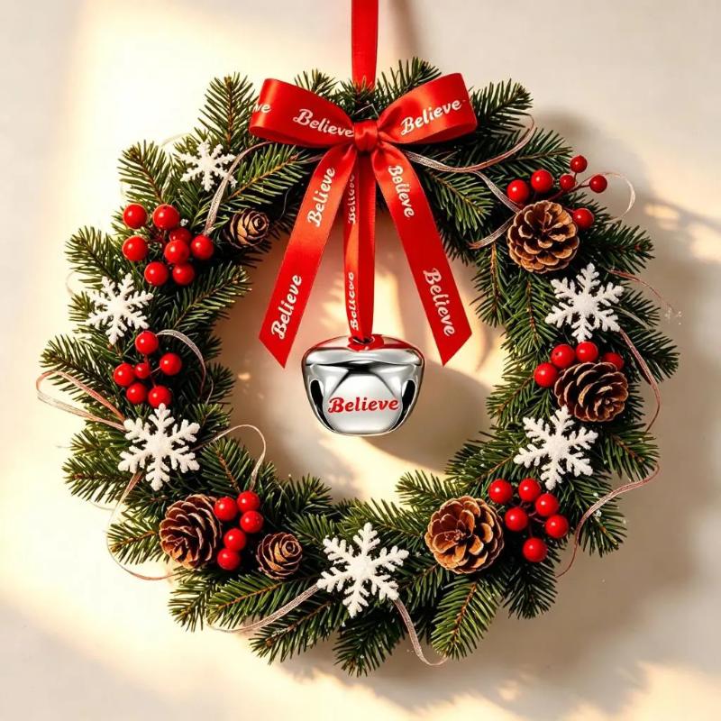 Campanelle di Natale in Metallo Argento Lucido con Stampa 'Believe' e Nastri Rossi per Decorazione Albero di Natale, Feste Natalizie, Casa