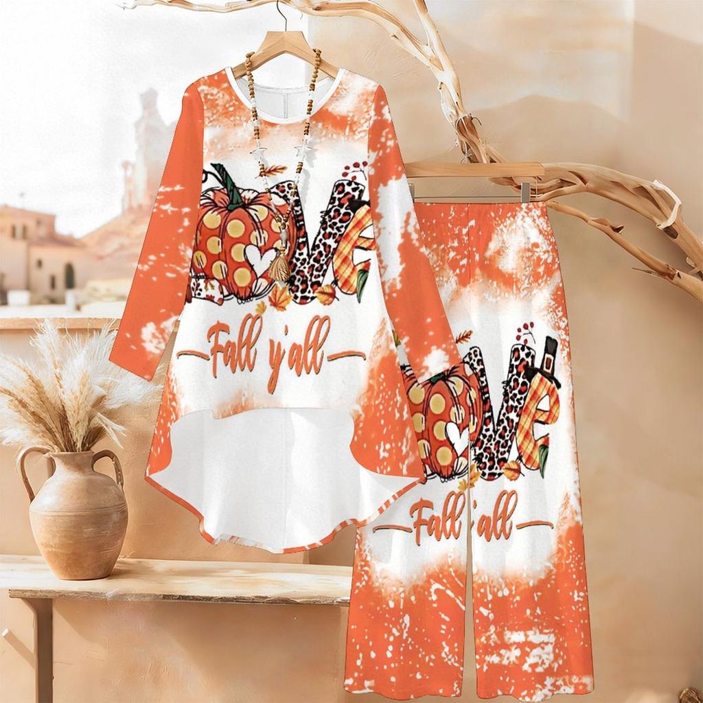 Halloween Print Two Piece Outfit Women Long Sleeve Irregular Hem Tunic Top Wide Leg Pants Casual Matching Set