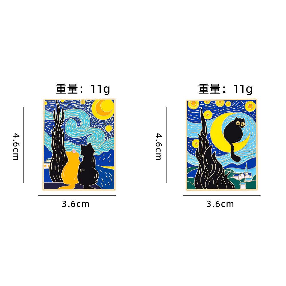 Cartoon Van Gogh Oil Painting Brooch Personality High Sense Abstract Art Wind Cat Looking Up At the Stars Metal Badge Accessories