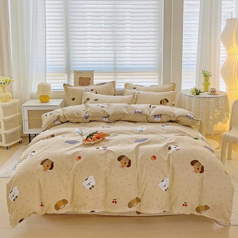 Cute Bear Bedding Set No Filler Ins Korean Style Khaki Brown Striped Comforter Covers Queen Size Kids Adult Soft Thick Bedding