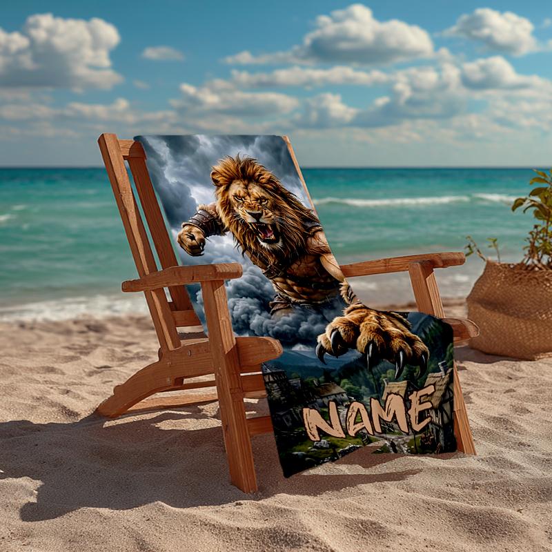 Custom Name Ultra-Soft Beach Towel with Lion Theme,Ideal for Pool - Camping, Diving - Perfect Travel Essential, Vibrant Beach Towel.