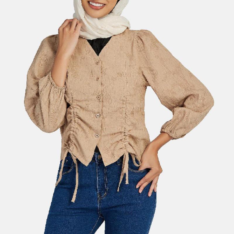 

2022 Корейский дизайн Ретро рубашка с V-образным вырезом и длинными рукавами для Юго-Восточной Азии M хаки