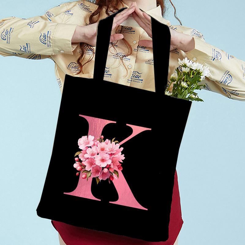 Pink Sakura Handbags Women Eco Reusable Tote Bag Cherry Blossom College Canvas Bag Vintage Sakura Alphabet Ladies Shoulder Bag