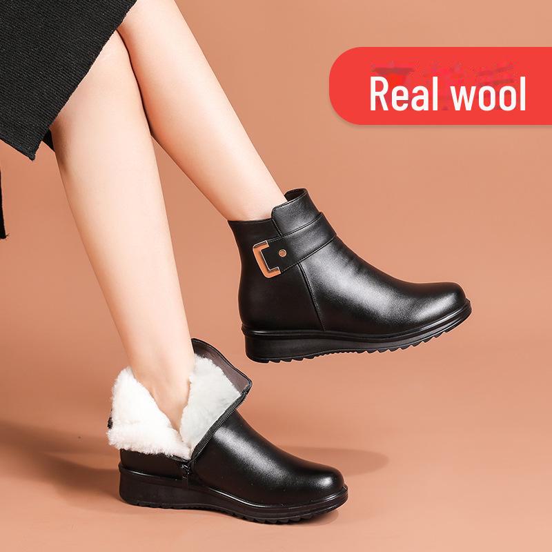 Women's Winter Cotton and Velvet Non-Slip Boots - Warm, Short Leather Footwear for Middle-Aged and Elderly
