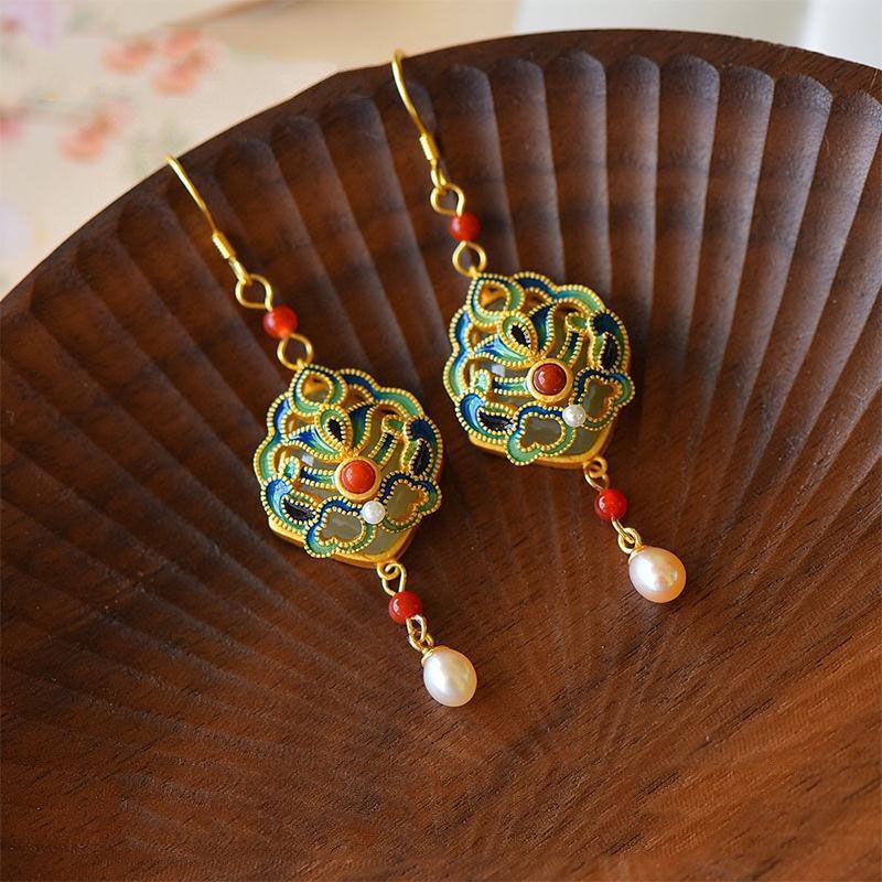 Inspired Design Natural Hetian Jade Enamel Porcelain Southern Red Tourmaline Long Earrings Ladies Classical Jewelry