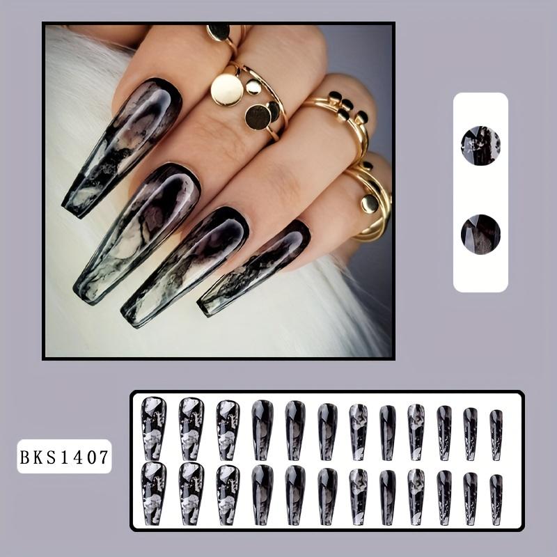 24pcs Exquisite Black Long Press On Nails with Halo Dyeing Designs Full Cover Ballerina Artificial Nails for Women -Easy To Apply and Remove with Glue