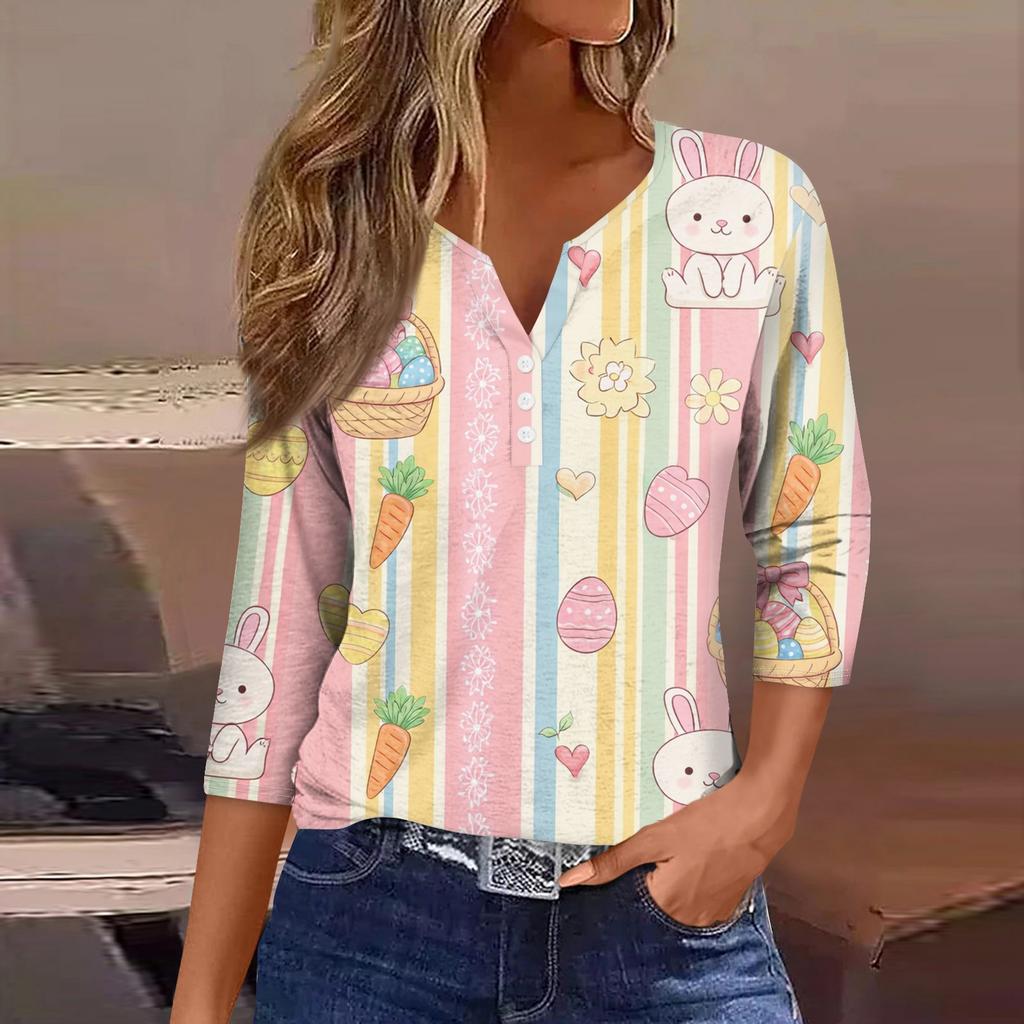 Women's Fashion Casual Easter Printed V-neck Short Sleeve Decorative Button Seven Sleeve T-shirt Top