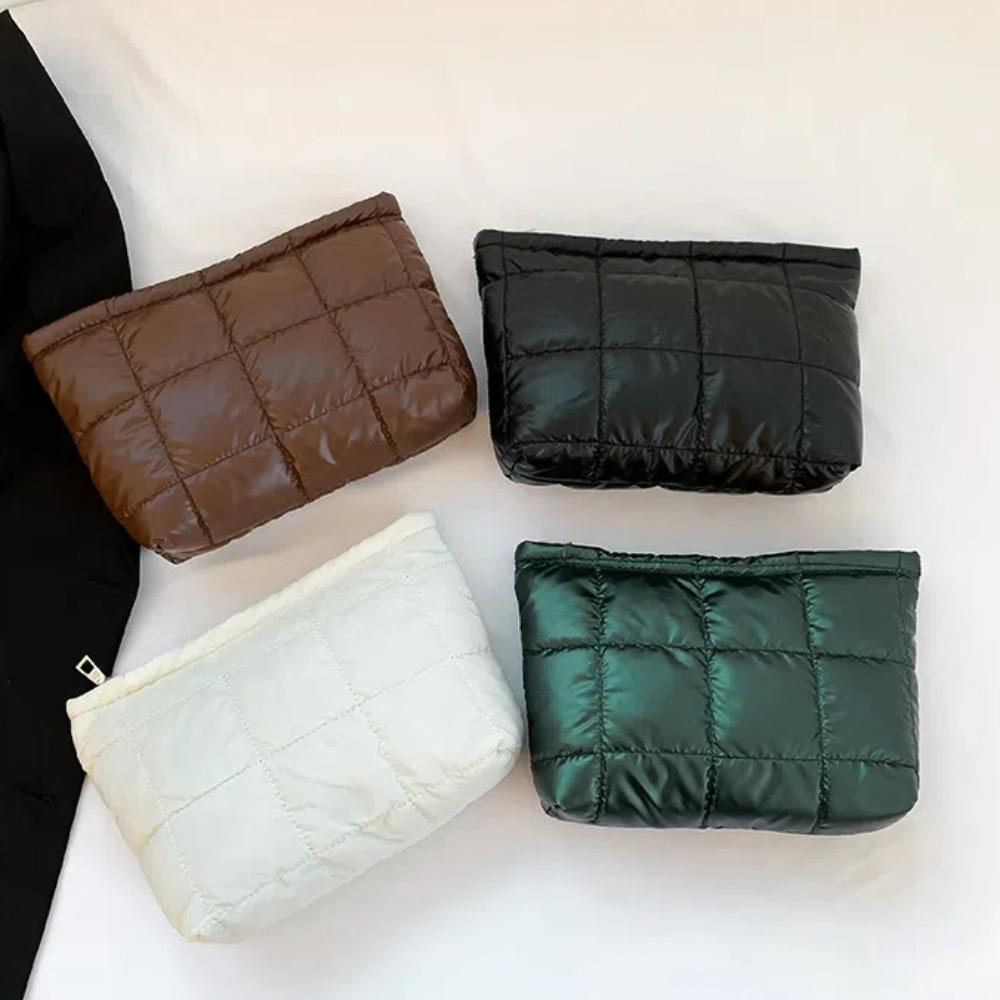 Large Capacity Puffer Pouch Cotton Filled Thick Plaid Clutch Bag Puffer Padded Makeup Bag School