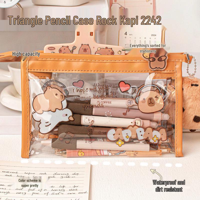 MOKA Korean Style Transparent Triangle Pencil & Makeup Case - Large Capacity Unisex Storage Pouch