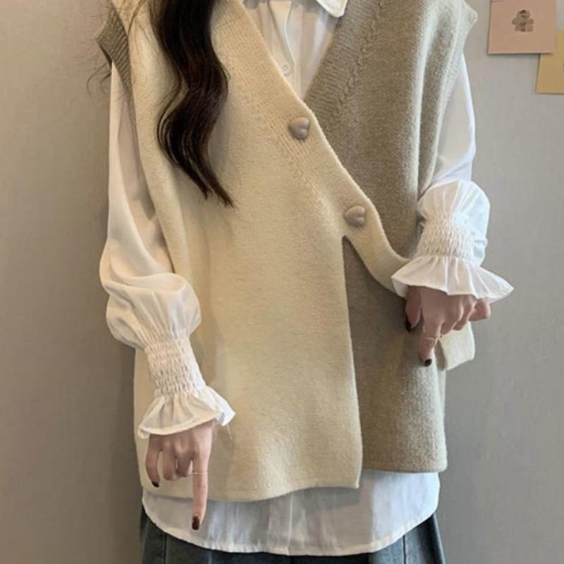 Women Irregular Contrasting Vest Sweaters Korean Gentle V-neck Female Knitted Sweater Autumn Casual Pullover Ladies Top