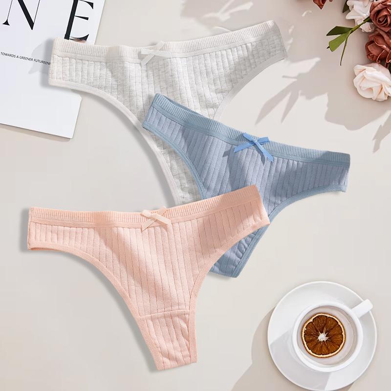 Duży Rozmiar 3 Szt. Damskie Bawełniane Stringi Seksowne Prążkowane Oddychające Majtki Codzienna Urocza Bielizna z Kokardką Dziewczęca Niska Talia G-String Lingerie
