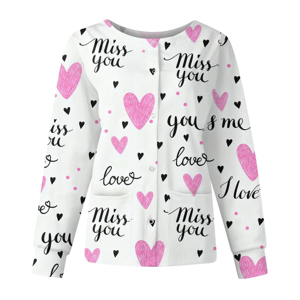 Women's Casual Fashion Long Sleeve Standing Collar Single Breasted Valentine's Day Print Workwear Jacket Tops