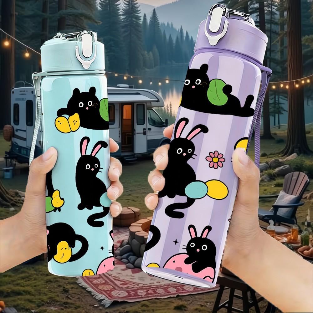 1PC Black Cat Easter Bunny 750ml Color Plastic Sports Water Bottle Leakproof Flip Straw Lid Suitable for Sports Office Home Use