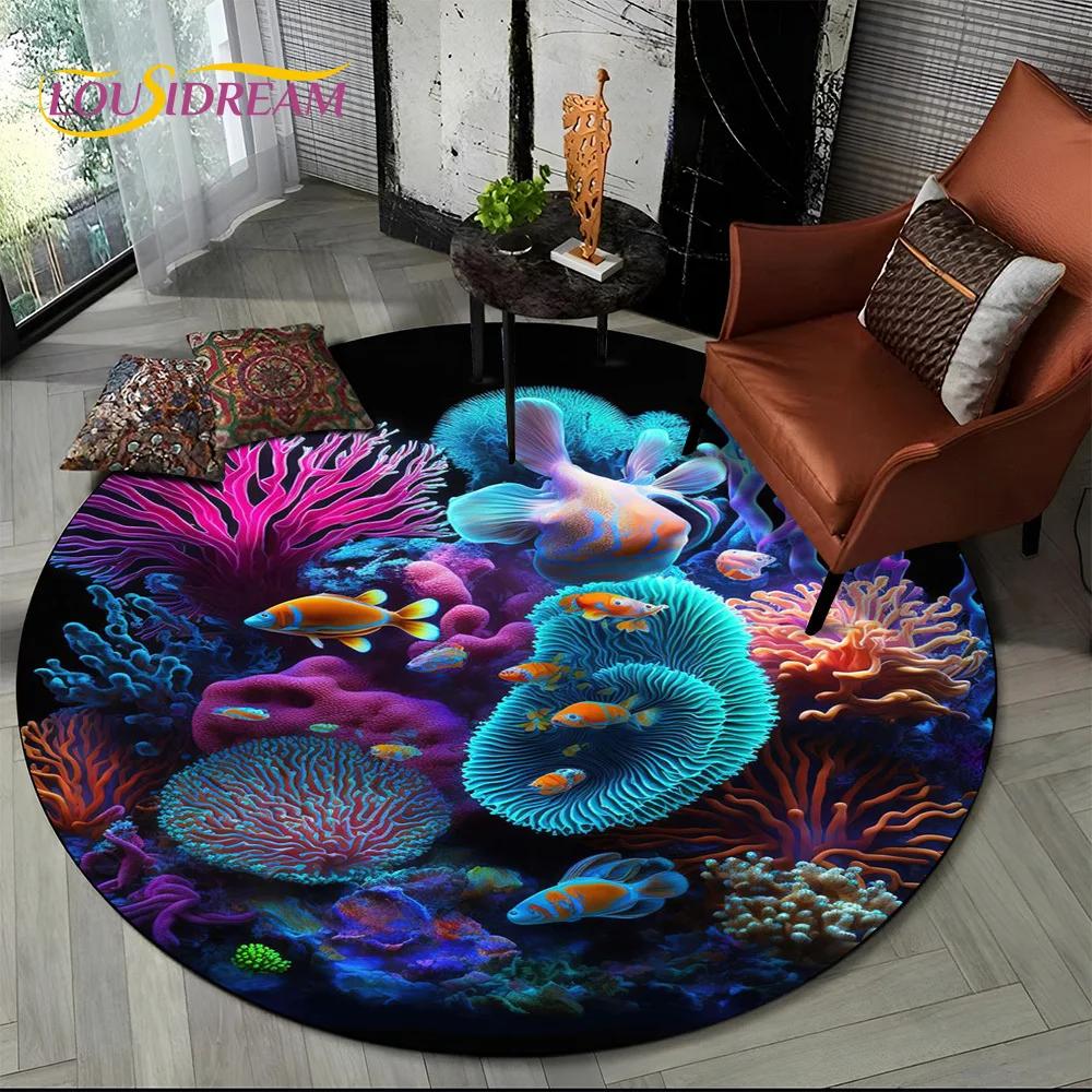 Underwater World Dream Seabed Fish Cartoon Round Carpet Rug for Living Room Bedroom Kids Decor,Pet Area Rug Non-slip Floor Mat