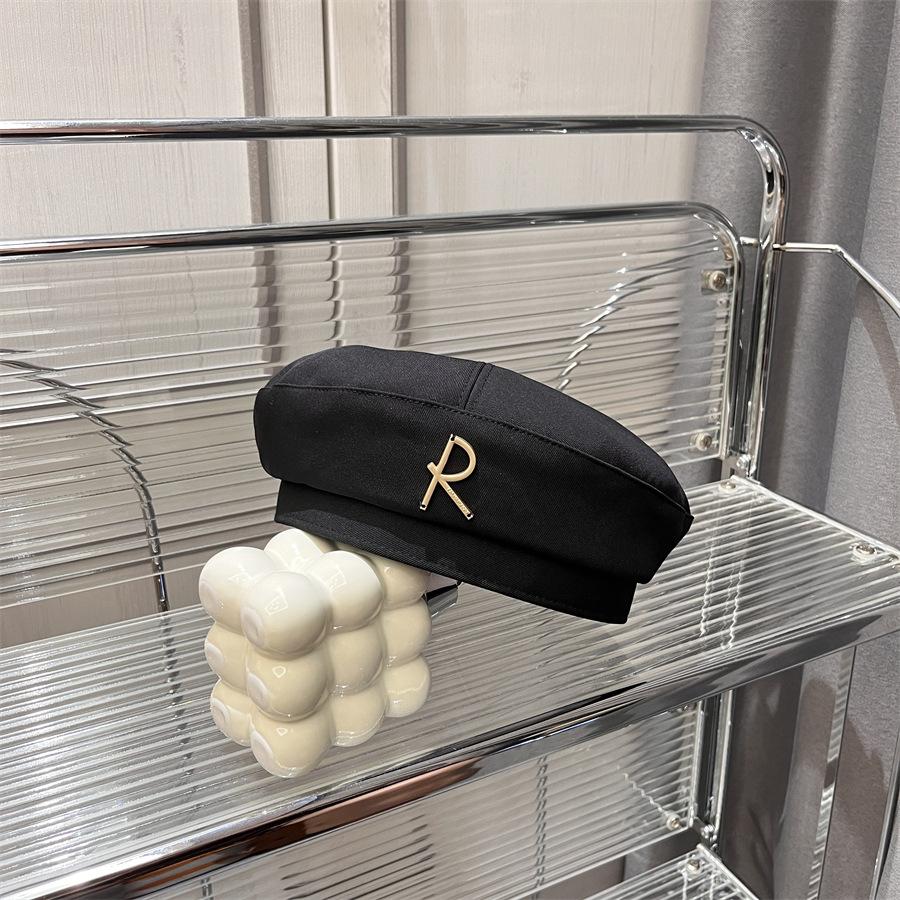Fashion Metal Letter Octangonal Beret Trendy Beret Hat Lady Solid Color Casual Autumn Cap Vintage Simple Painter Hat Female