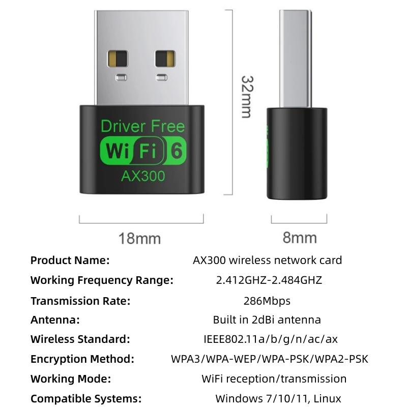 AX300 WIFI6 New Mini USB Adapter 2.4G 802.11AX Wireless Encryption Dongle Drive Free Wireless Network Card for Win7/10/11,Linux