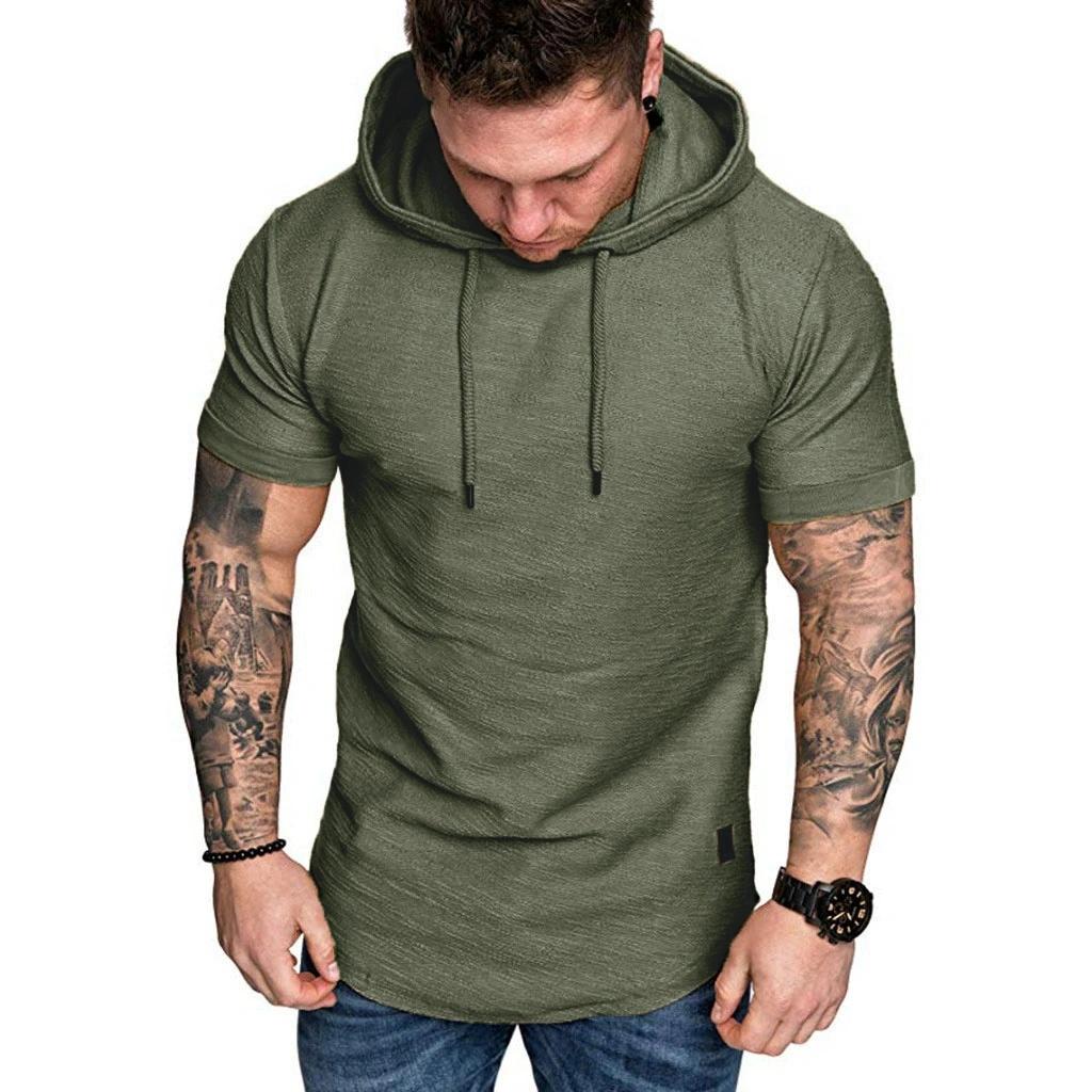 Spring Collection Men's Stylish Short Sleeve Hoodie with Front Pocket & Branded Patch - Casual Athletic Wear
