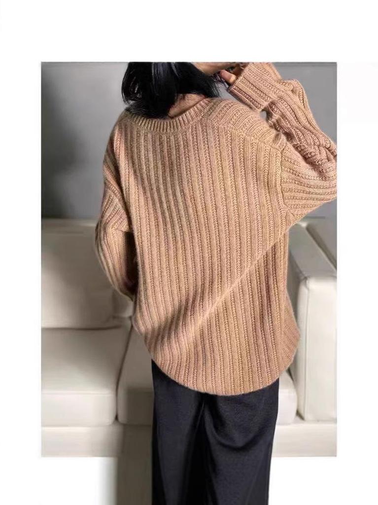 Women's European High-End V-Neck Wool Pullover - 100% Pure, Mid-Length, Loose-Fit, Thickened Knit Sweater