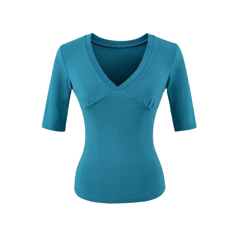 V-neck Medium-sleeved T-shirt Women's Summer New American Spice Girl Style Solid Color Slim-fitting Model with Thin Bottom Top