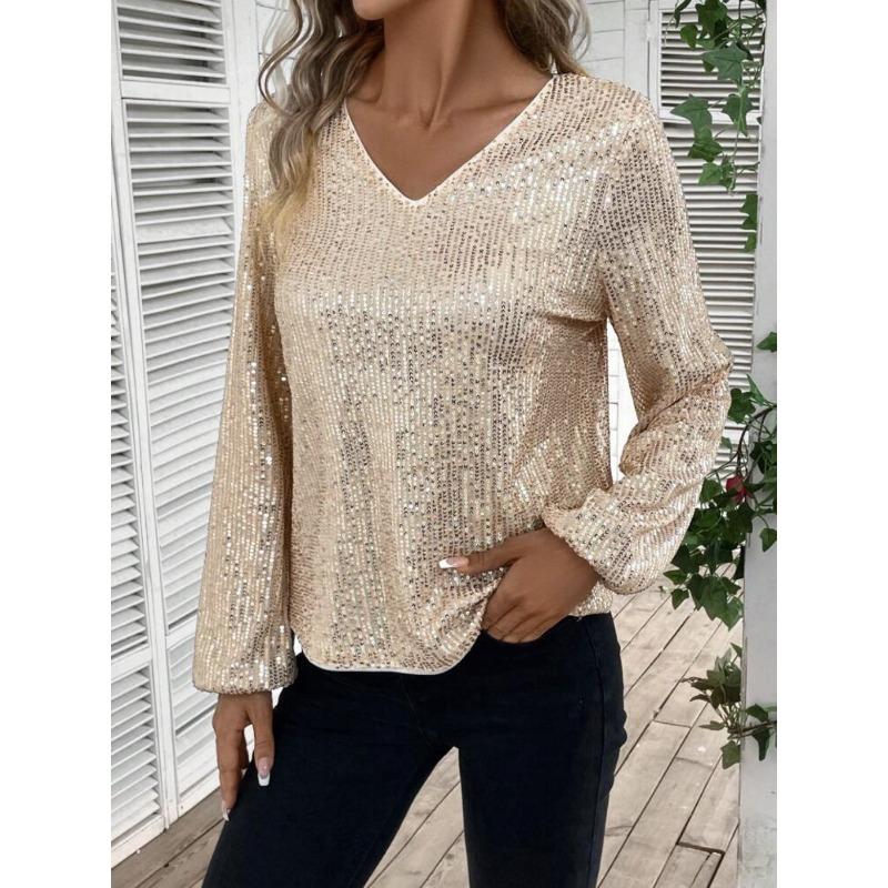 Women Elegant Loose V Neck Long Sleeve Solid Sequin T Shirt Top