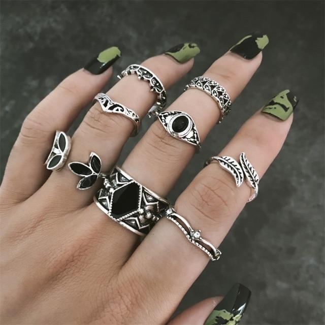 Anillo Geométrico Hueco Articulado Metálico Gótico 17KM para Mujer Anillo de Dedo con Forma de Sol y Hoja Plateado Vintage Accesorios de Joyería de Tendencia