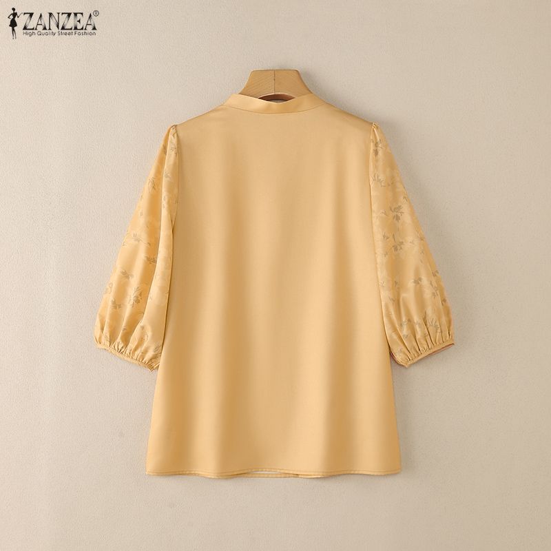 ZANZEA Women Casual V-Neck Loose Print Splice Half Sleeve Blouse