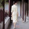 Womens Vintage-Inspired Qipao Dress With Embroidery Fitted Waist Stand Collar 7/8 Sleeve Chic