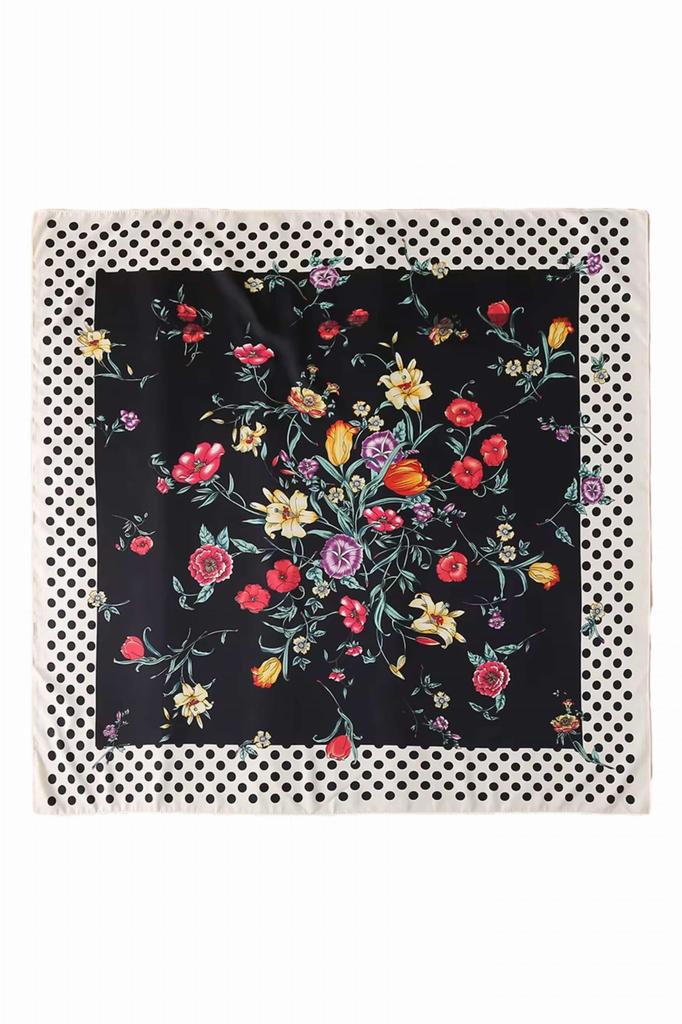 Women' Black Floral Scarf 70X70 - Silky With Geometric Frame
