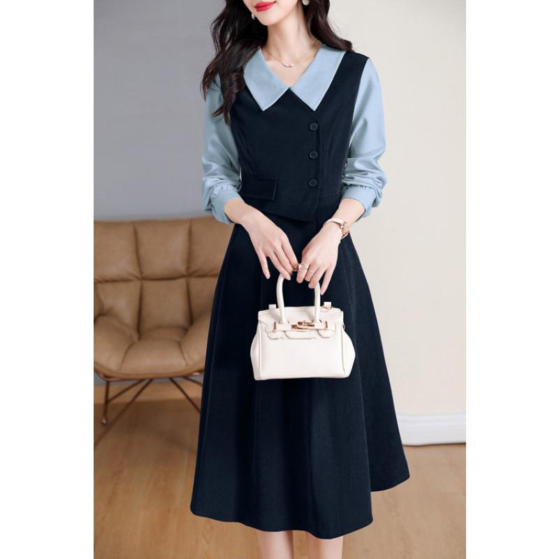 

Поддельное платье-тройка для женщин, осень-зима, ретро, рубашка с длинными рукавами, юбка с лацканами, дизайн Sense S