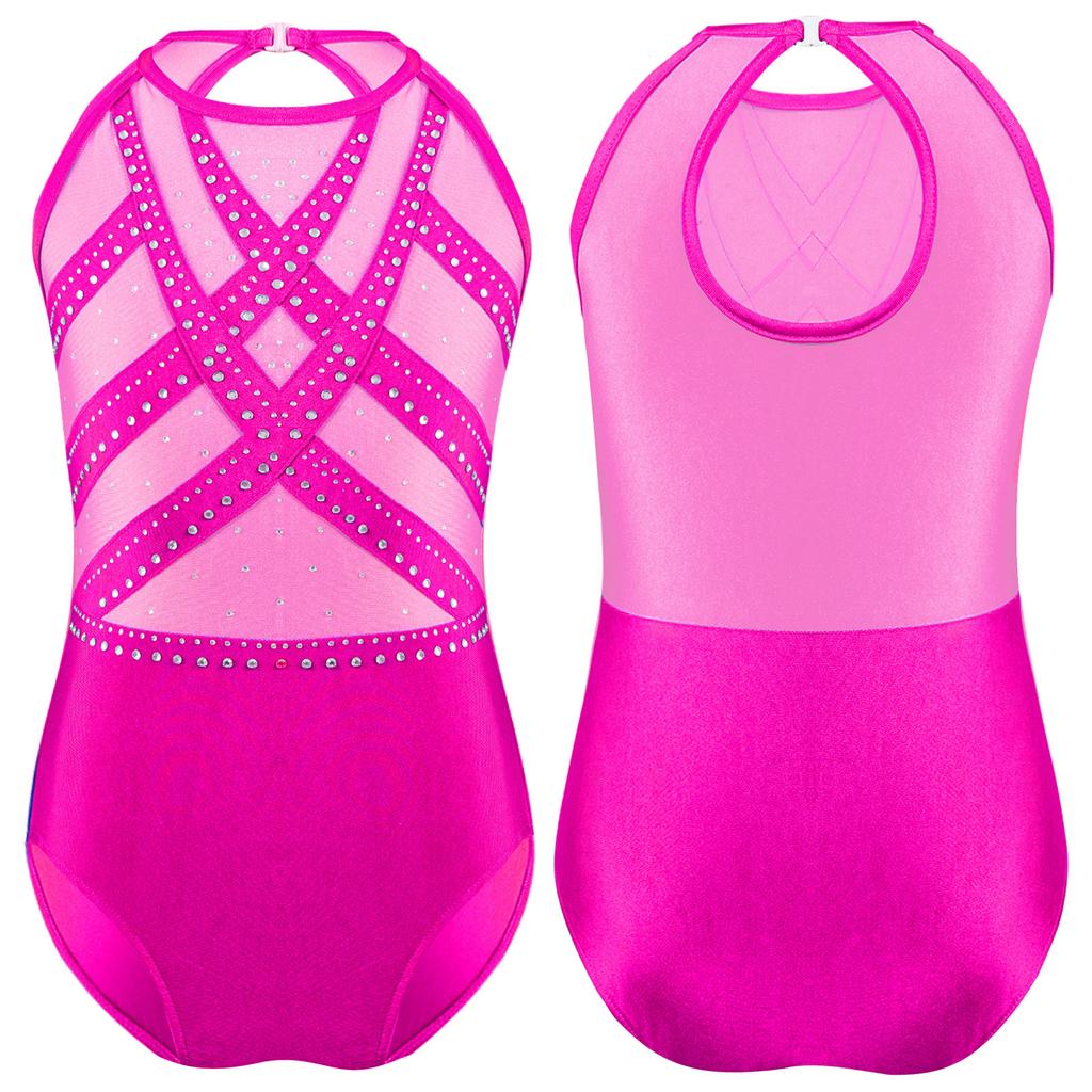 Mädchen Funkelnder Strass-Ärmelloser Body mit Schlüsselloch-Rücken und Farbblock für Eiskunstlauf, Gymnastik, Tanzwettbewerb