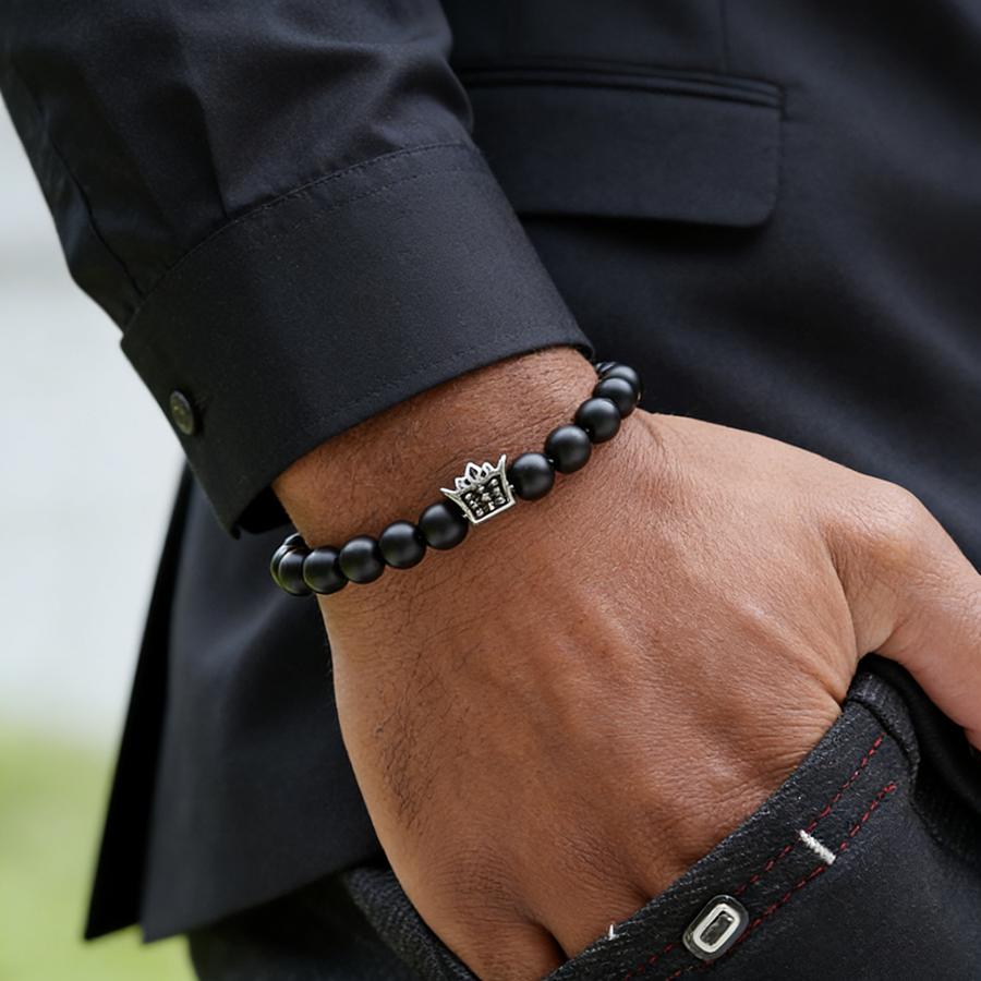 

Noter New Stainless Steel Crown Bracelet For Men 8mm Lava Obsidian Howlite Stone Healing Braslet Street Cool Riding Accessories оникс