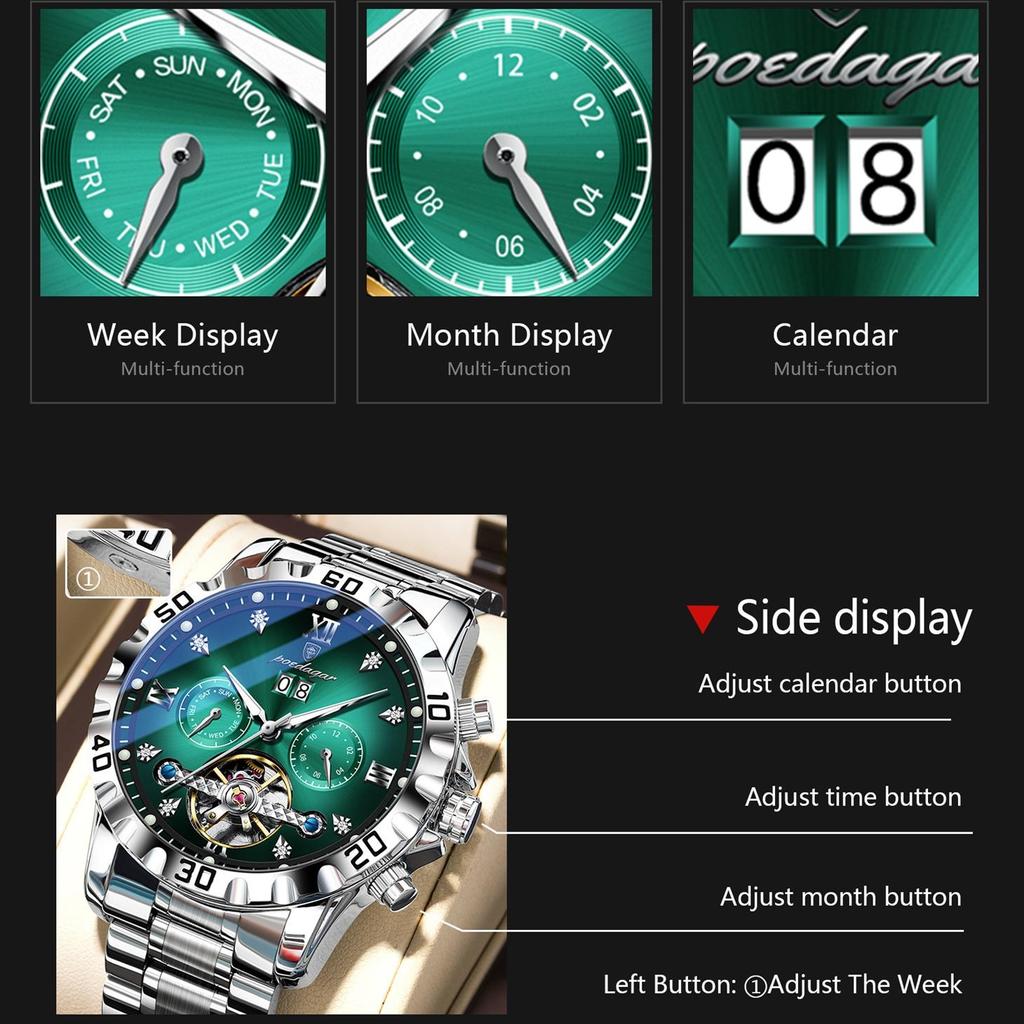 POEDAGAR Top Luxus Herrenuhr Automatisch Datum Woche Herren Armbanduhr Hohl Tourbillon Mechanisch Edelstahl Herrenuhr