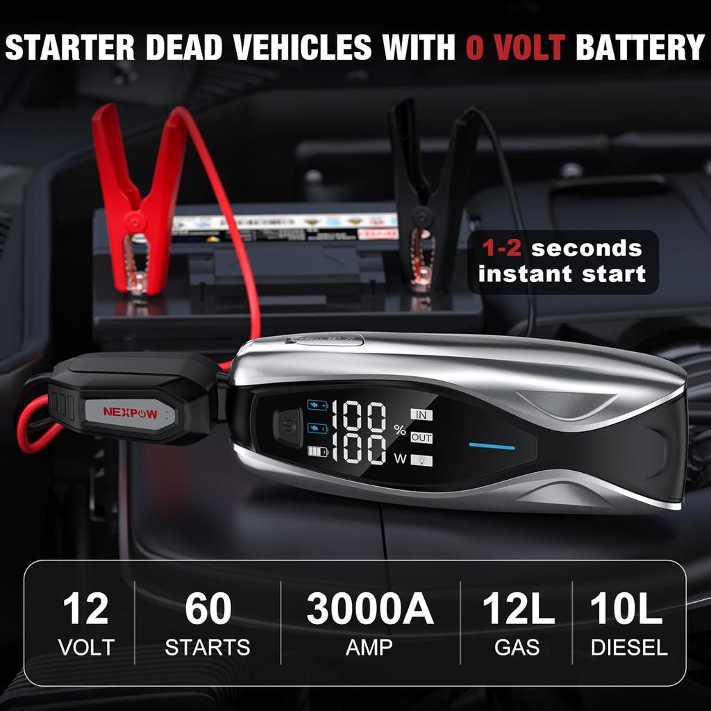 X7 3000A Jump Starter, PD 60W Dual Charging, 12V Portable Battery Pack with 3.2' HD Display, IP63 Waterproof