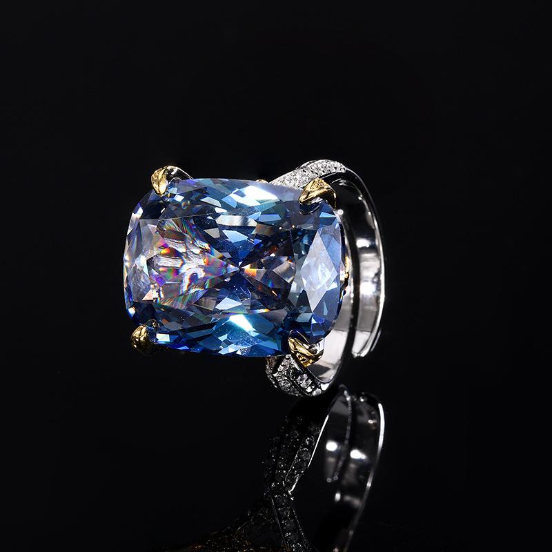 Jewelry Simulation Bird'S Nest Cut Sea Blue Treasure White Plated Blue Temperament Fat Square Set Main 15 * 20