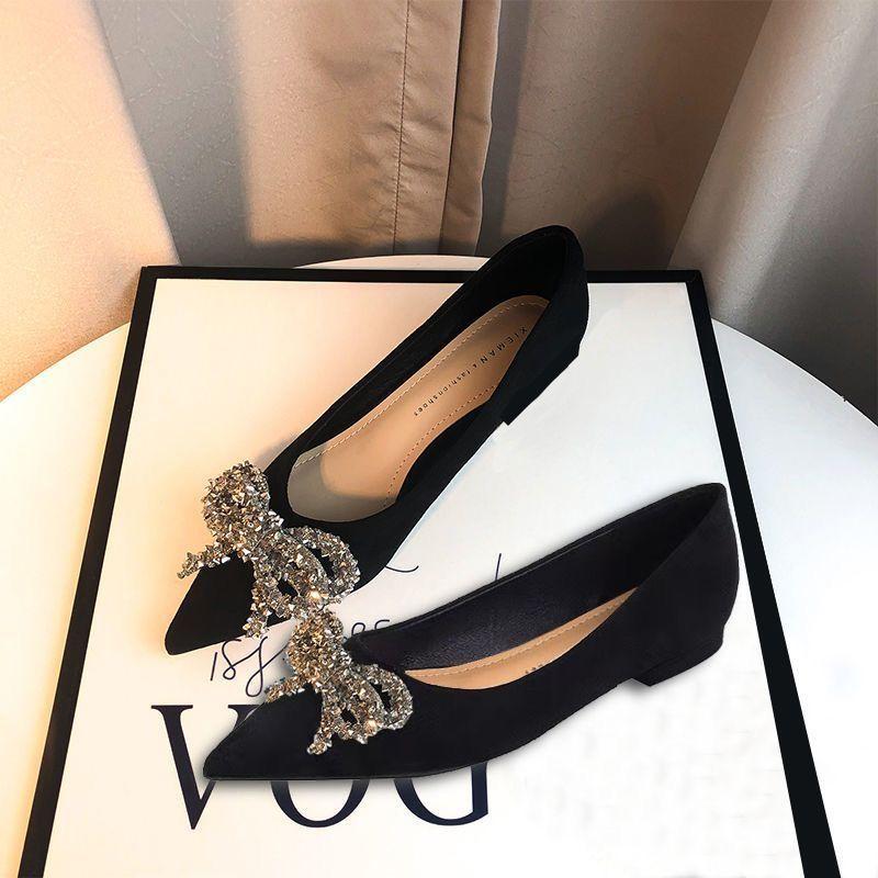 Pointed Black Thick Heel High Heels Women's New Spring and Summer Bow Temperament Professional French Suede Shoes