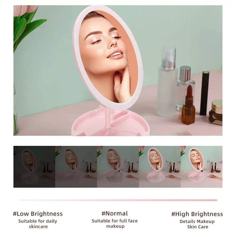 LED Makeup Mirror With Light Lamp With Storage Desktop Rotating Cosmetic Mirror Light Adjustable Dimming USB Vanity Mirror