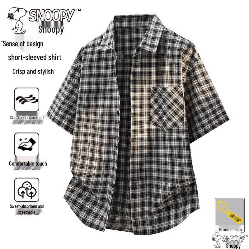 SNOOPY Men s Summer Casual Plaid Short Sleeve Shirt 7XL