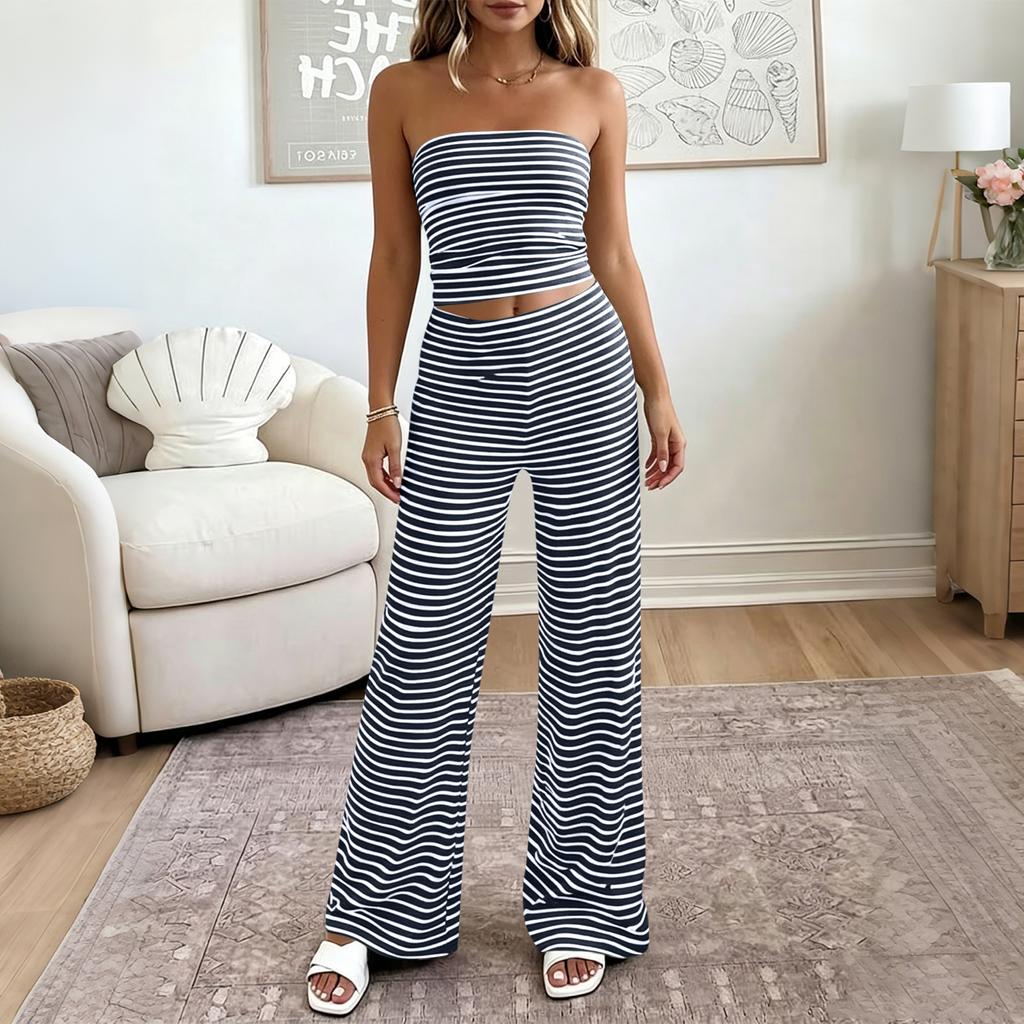 Damen Casual Trägerloses Schlauchtop und Weite Hosen Set Elastischer Bund Zweiteiliges Loungewear Outfit für Urlaub und Zuhause
