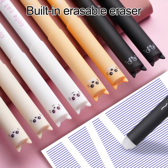 Yousheng 4Pcs Cute Cat Erasable Gel Pens 0.5mm Retractable Clip Pens with Eraser Tips Kawaii Cartoon Writing School Supplies