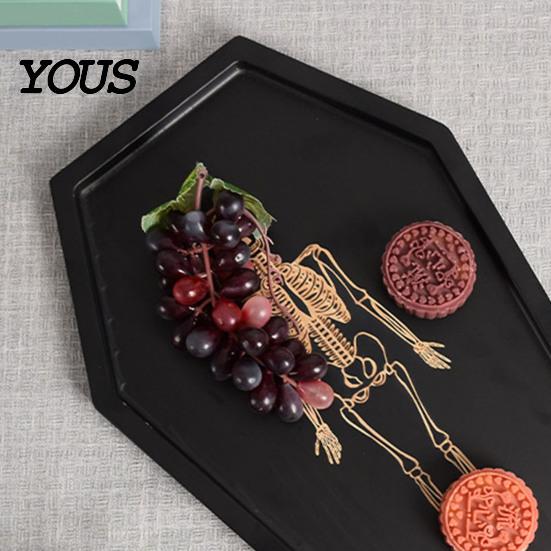 Halloween Party Serving Dish Gothic Tray with Engraved Skeleton, Wooden Charcuterie Board, Casket Creative Entryway Key Holder Shape Storage