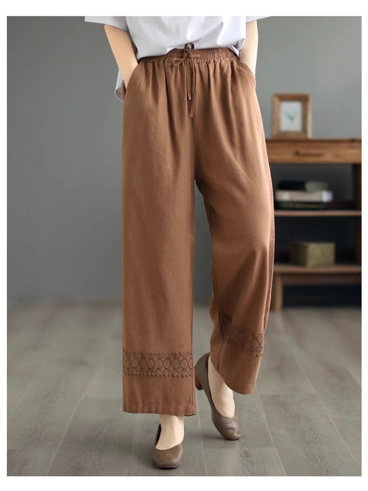 2025 Eleganckie Krótkie Bawełniane Spodnie Proste Damskie Retro Duży Rozmiar Luźne Spodnie z Panelami z Koronki Wiosna Lato Casual Szerokie Nogawki