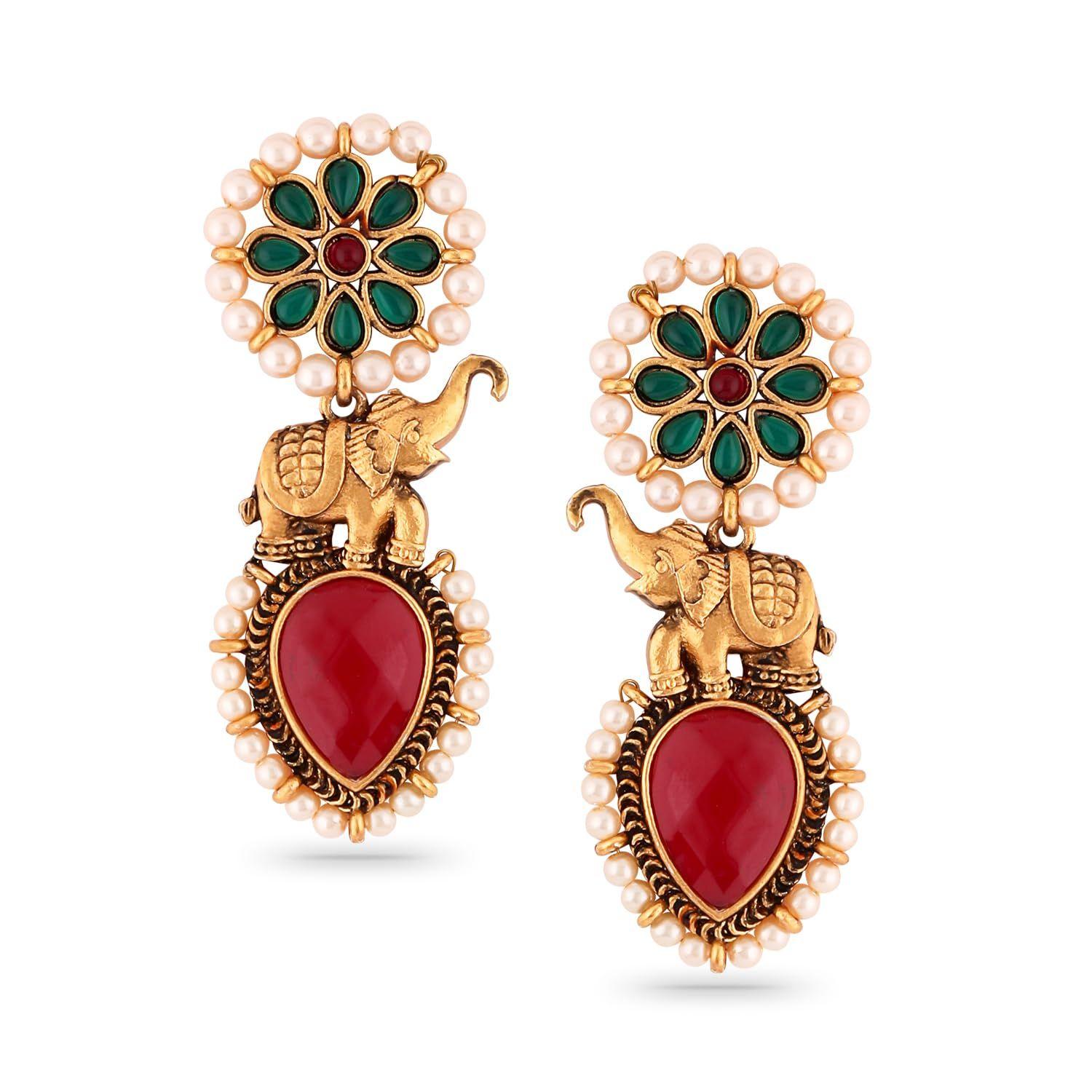 

Женские и детские серьги-гвоздики с изображением слона, украшенные красными и зелеными камнями и жемчужными бусинами