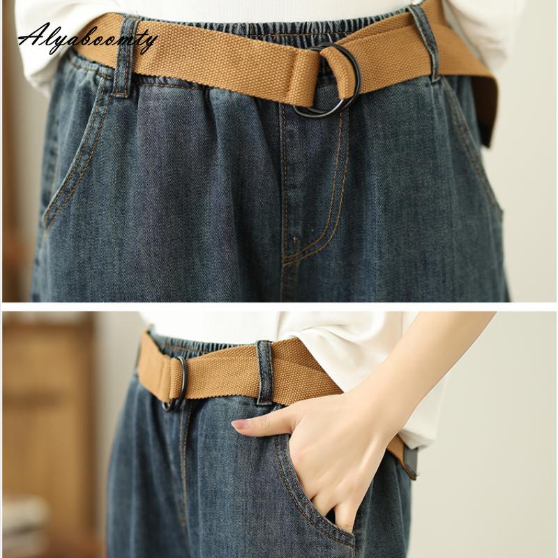 Korean Fashion Summer Women Casual Loose Capris Elastic Waist Dark Blue Denim Pants Vintage Washed Cotton Short Jeans With Belt