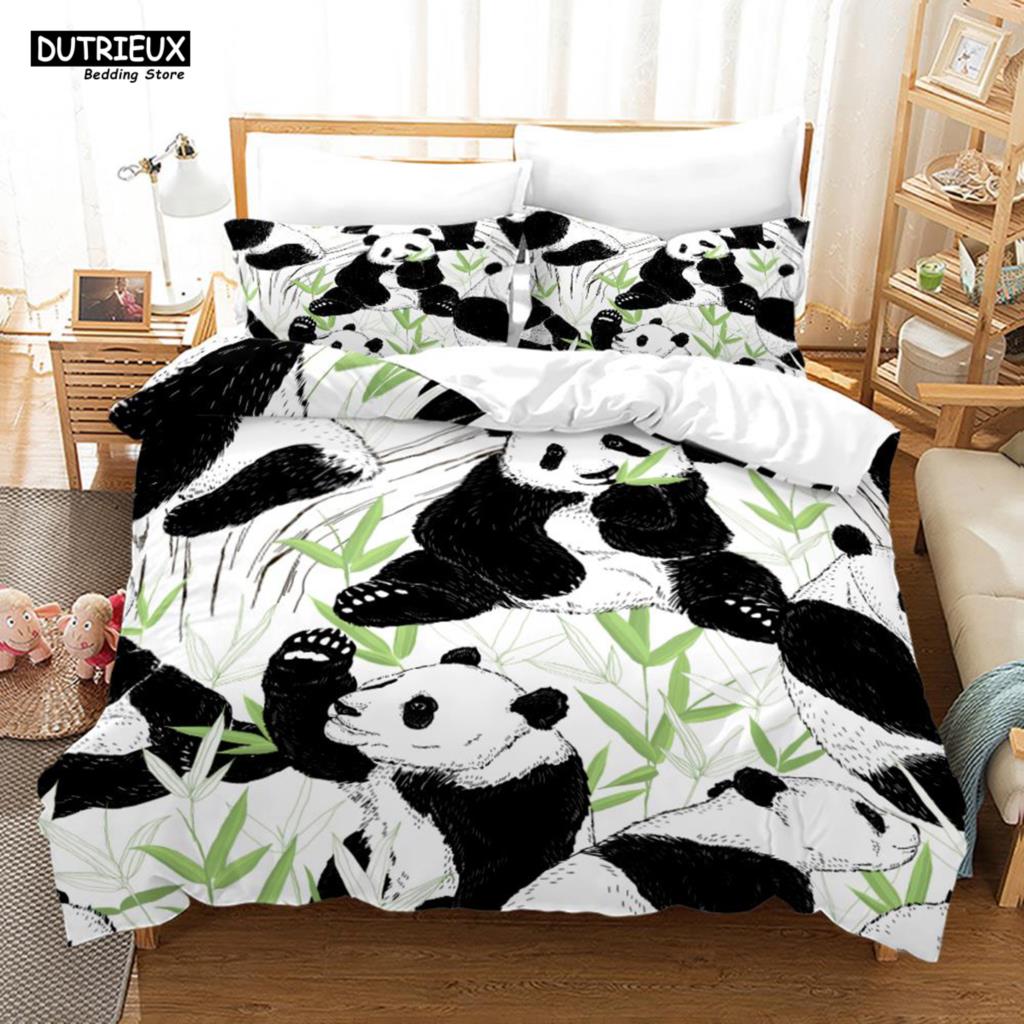 Cartoon Chinese Panda Bedding Set Soft Microfiber Double Queen King Twin Duvet Cover Kids Girls Room Decor White Duvet Cover