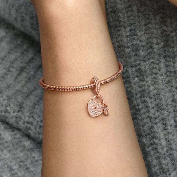 Pandora Pavé Heart Lock Charm Women Charm Rose-Gold 781807CZ